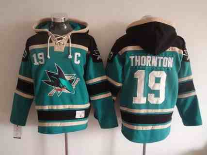 San Jose Sharks #19 Joe Thornton Old Time Hockey Teal Green Hoodie