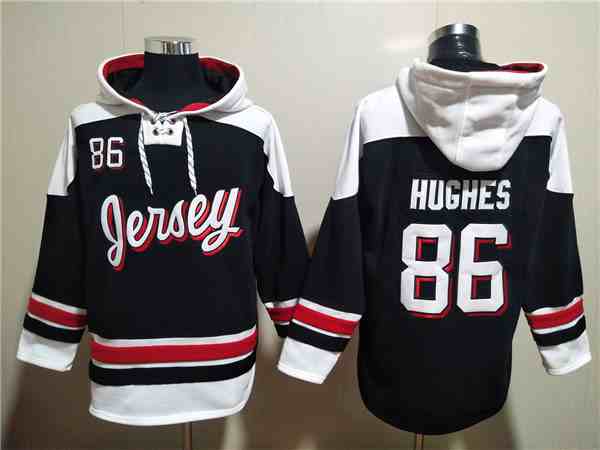 Men's New Jersey Devils #86 Jack Hughes Black White Ageless Must-Have Lace-Up Pullover Hoodie