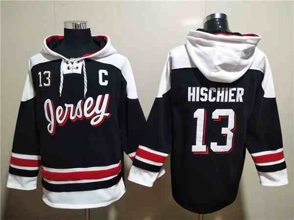 Men's New Jersey Devils #13 Nico Hischier Black White Ageless Must-Have Lace-Up Pullover Hoodie