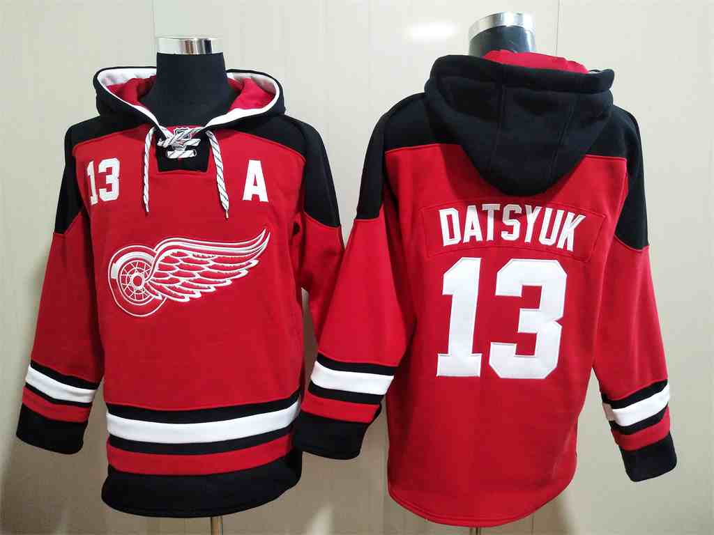Men's Detroit Red Wings #13 Pavel Datsyuk A Patch Red Hoodie