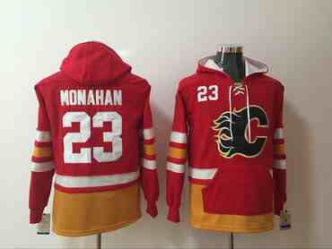 Men's Calgary Flames #23 Sean Monahan NEW Red Pocket Stitched NHL Old Time Hockey Hoodie