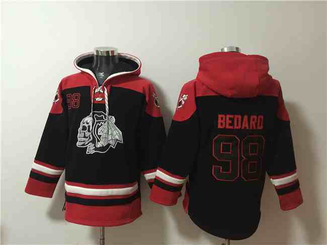 Men's Chicago Blackhawks #98 Connor Bedard Black Lace-Up Pullover Hoodie
