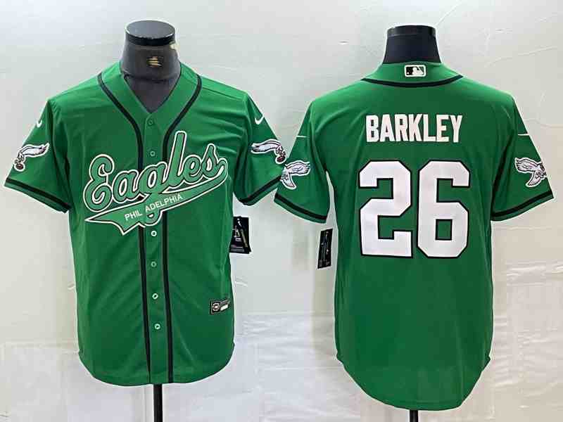 Men's Philadelphia Eagles #26 Saquon Barkley Green With 2-  Cool Base Baseball Stitched Jersey (4)