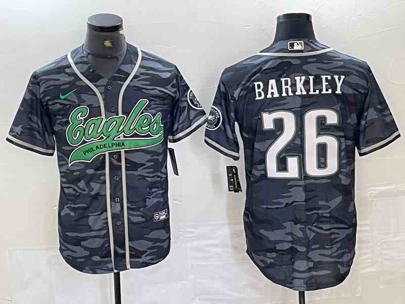 Men's Philadelphia Eagles #26 Saquon Barkley Gray Camo Cool Base Baseball Stitched Jersey (2)
