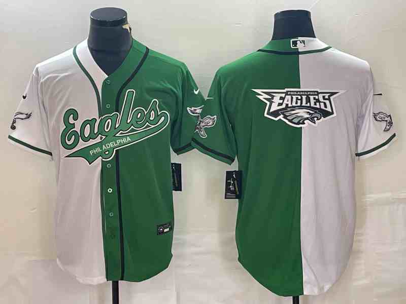 Men's Philadelphia Eagles GreenWhite Split Team Big Logo Cool Base Stitched Baseball Jersey (3)
