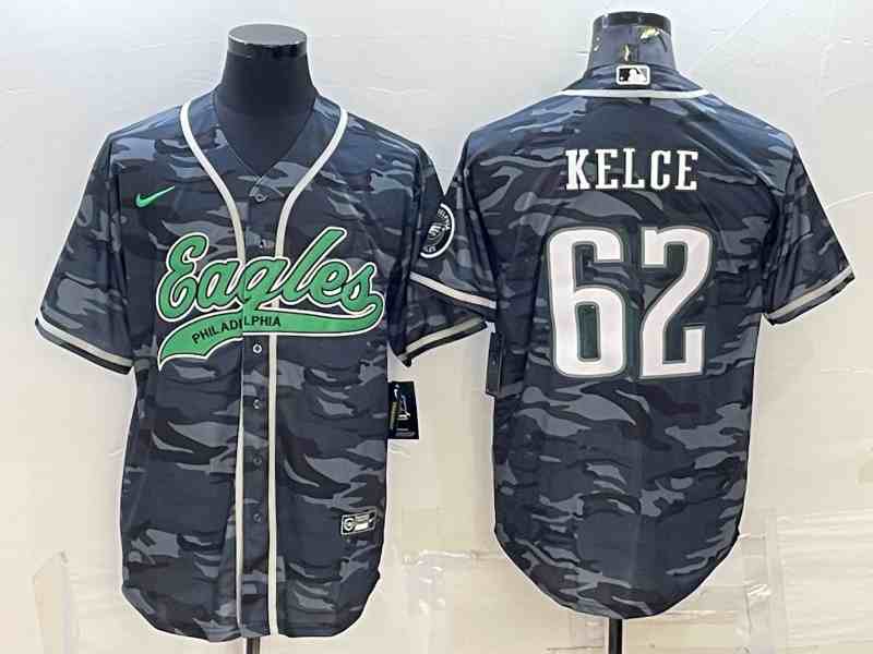 Men's Philadelphia Eagles #62 Jason Kelce Grey Camo With Patch Cool Base Stitched Baseball Jersey