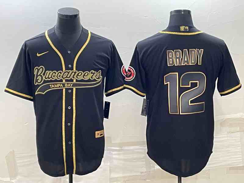 Men's Tampa Bay Buccaneers #12 Tom Brady Black Gold With Patch Cool Base Stitched Baseball Jersey