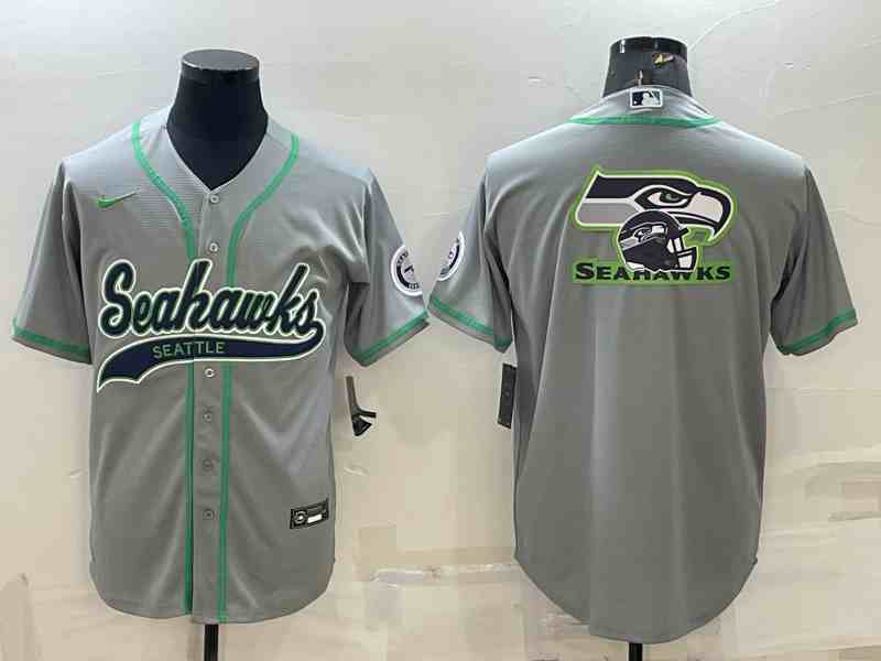 Men's Seattle Seahawks Gray Team Big Logo With Patch Cool Base Stitched Baseball Jersey (2)