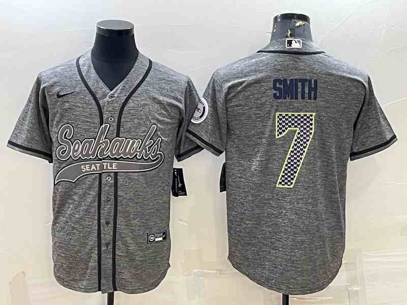 Men's Seattle Seahawks #7 Geno Smith Grey Gridiron With Patch Cool Base Stitched Baseball Jersey