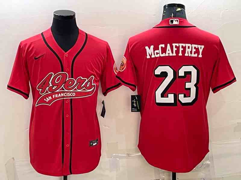 Men's San Francisco 49ers #23 Christian McCaffrey New Red With Patch Cool Base Stitched Baseball Jersey