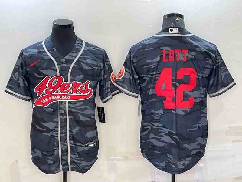 Men's San Francisco 49ers #42 Ronnie Lott Grey Red Camo With Patch Cool Base Stitched Baseball Jersey