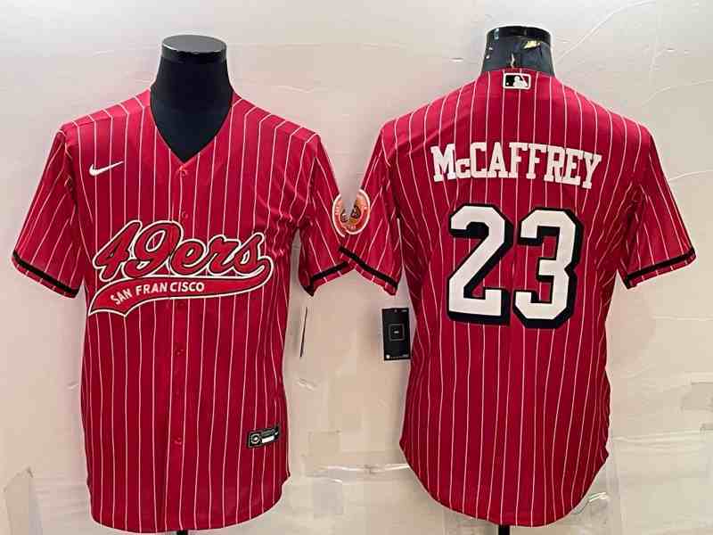 Men's San Francisco 49ers #23 Christian McCaffrey Red stripe With Patch Cool Base Stitched Baseball Jersey