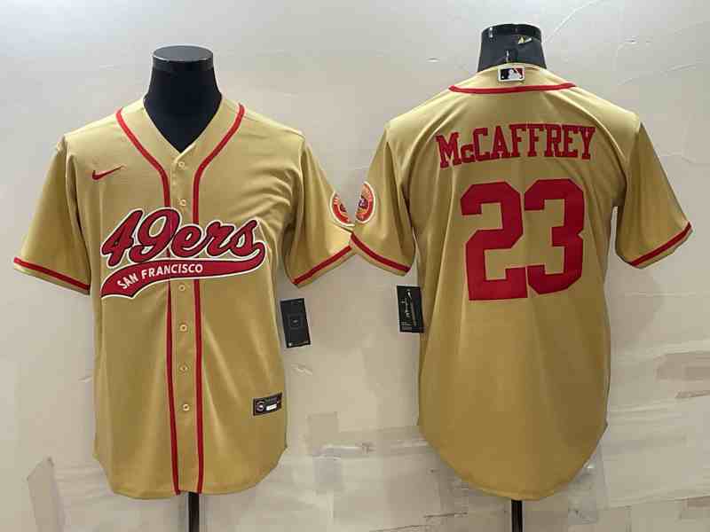Men's San Francisco 49ers #23 Christian McCaffrey New Gold With Patch Cool Base Stitched Baseball Jersey