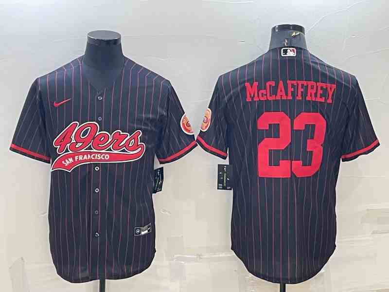 Men's San Francisco 49ers #23 Christian McCaffrey Black Stripe With Patch Cool Base Stitched Baseball Jersey