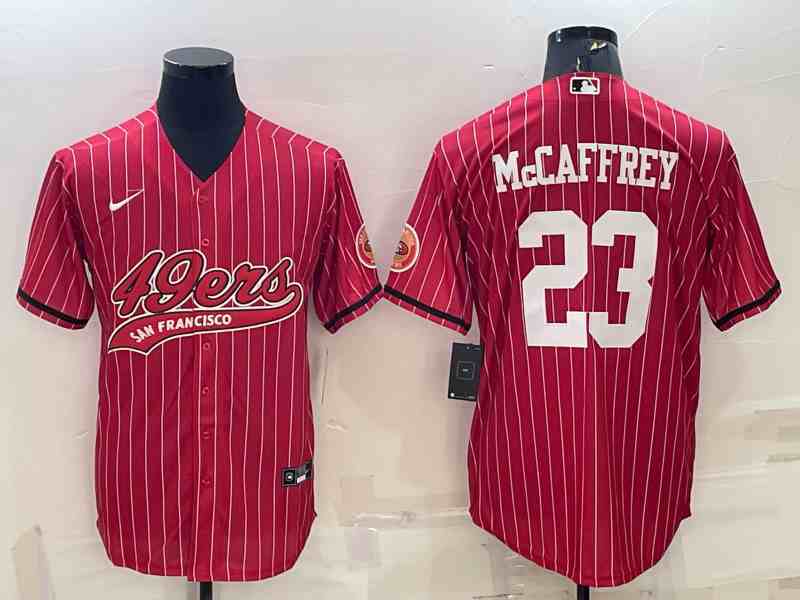 Men's San Francisco 49ers #23 Christian McCaffrey Red Stripe With Patch Cool Base Stitched Baseball Jersey (2)