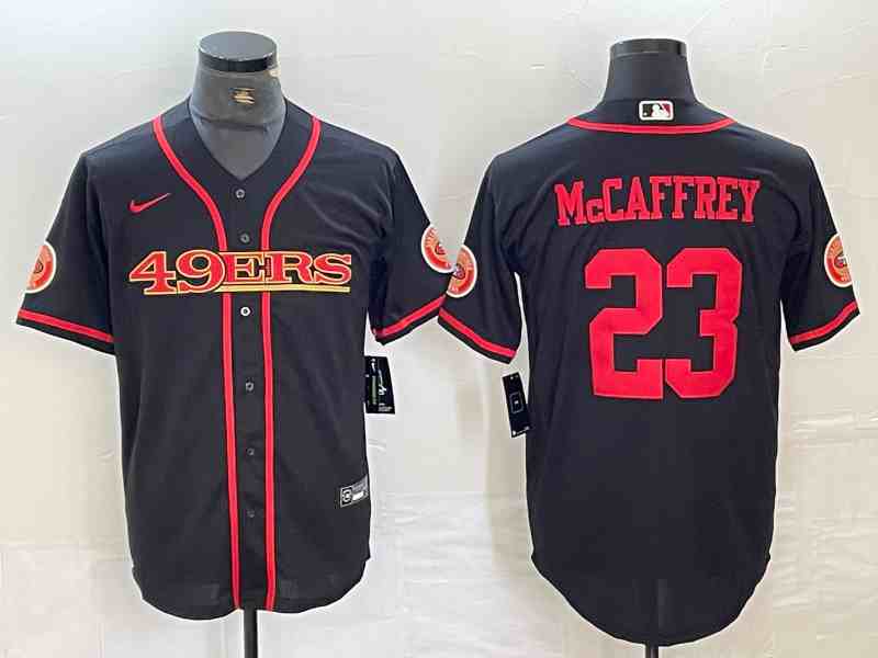 Men's San Francisco 49ers #23 Christian McCaffrey Black With Patch Cool Base Stitched Baseball Jersey (2)