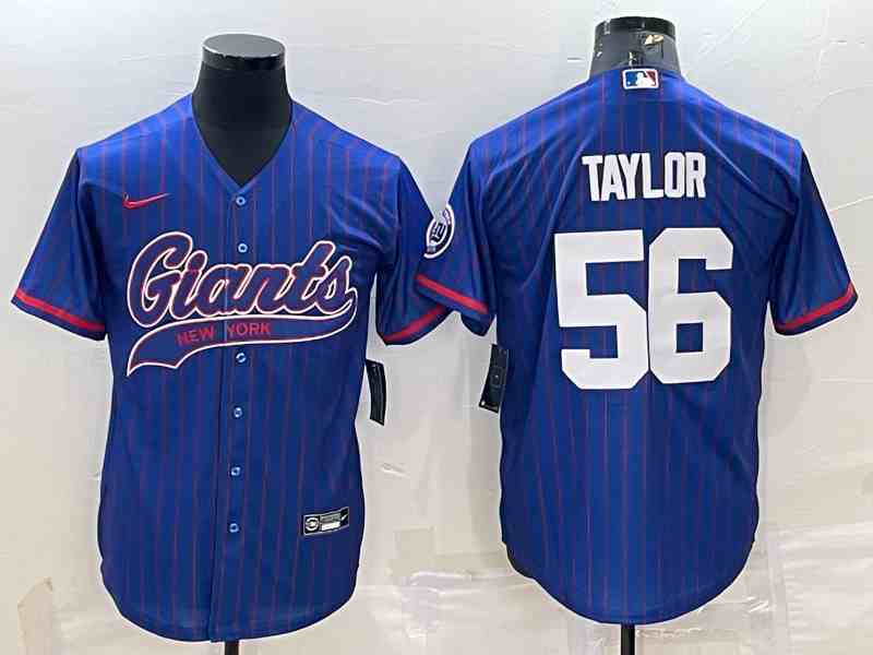 Men's New York Giants #56 Lawrence Taylor Blue Stripe With Patch Cool Base Stitched Baseball Jersey