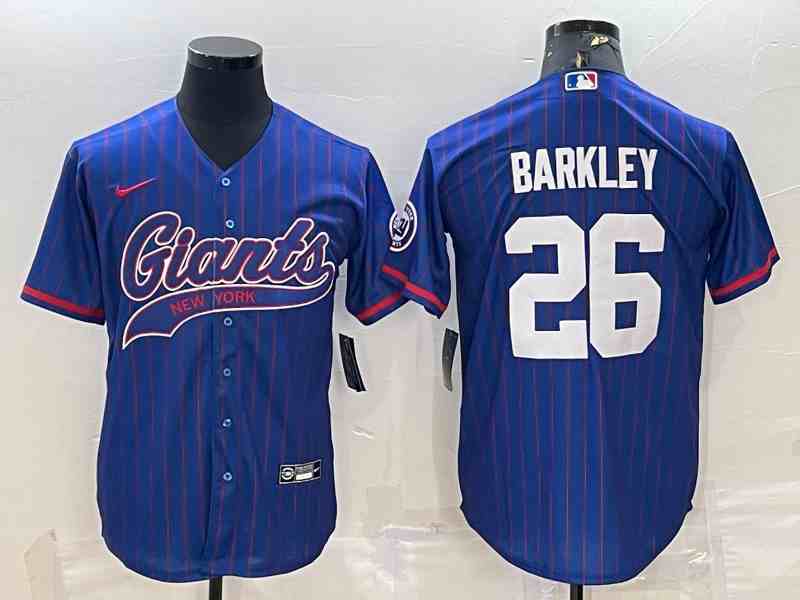 Men's New York Giants #26 Saquon Barkley Blue Stripe With Patch Cool Base Stitched Baseball Jersey
