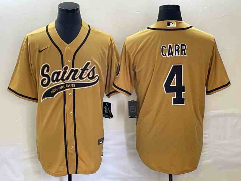 Men's New Orleans Saints #4 Derek Carr Gold With Patch Cool Base Stitched Baseball Jersey
