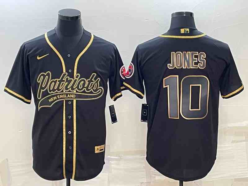 Men's New England Patriots #10 Mac Jones Black Gold With Patch Cool Base Stitched Baseball Jersey