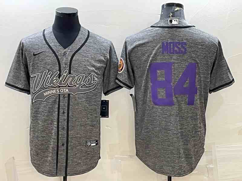 Men's Minnesota Vikings #84 Randy Moss Grey Gridiron With Patch Cool Base Stitched Baseball Jersey