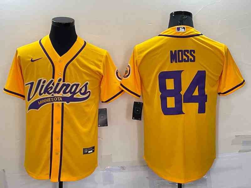 Men's Minnesota Vikings #84 Randy Moss Yellow With Patch Cool Base Stitched Baseball Jersey