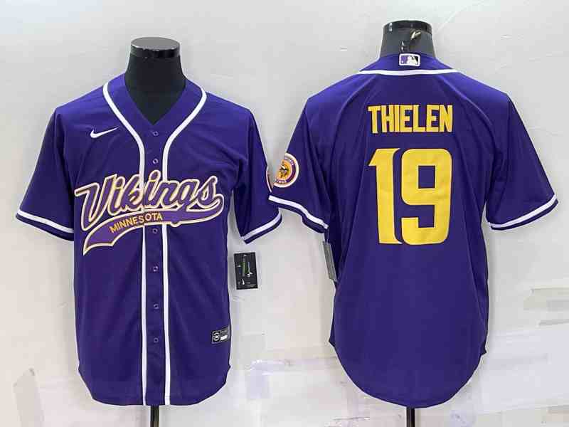 Men's Minnesota Vikings #19 Adam Thielen Purple Yellow With Patch Cool Base Stitched Baseball Jersey