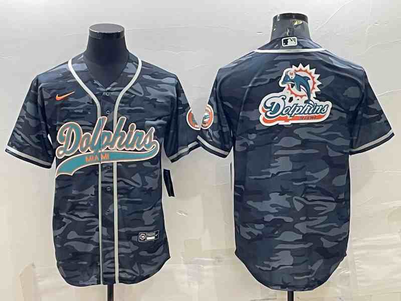 Men's Miami Dolphins Gray Camo Team Big Logo With Patch Cool Base Stitched Baseball Jersey