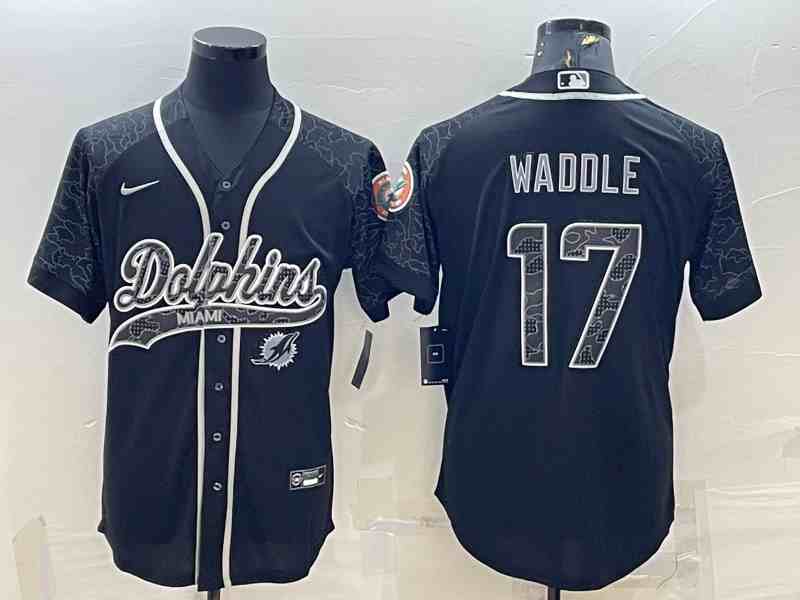 Men's Miami Dolphins #17 Jaylen Waddle Black Reflective With Patch Cool Base Stitched Baseball Jersey