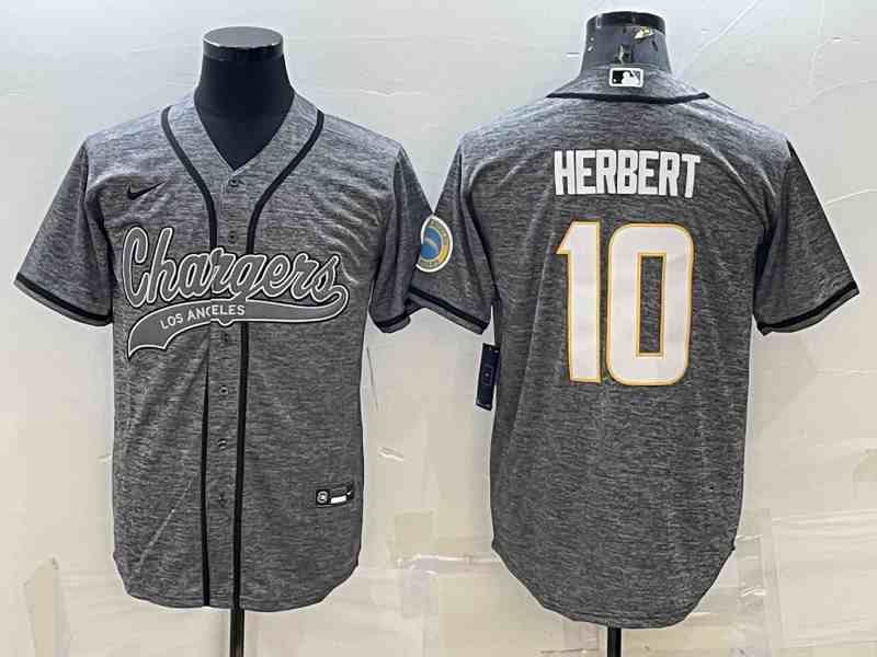 Men's Los Angeles Chargers #10 Justin Herbert Heather Grey With Patch Cool Base Stitched Baseball Jersey