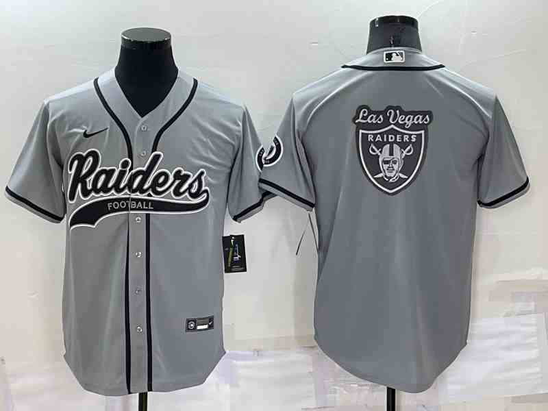 Men's Las Vegas Raiders Grey Team Big Logo With Patch Cool Base Stitched Baseball Jersey (2)