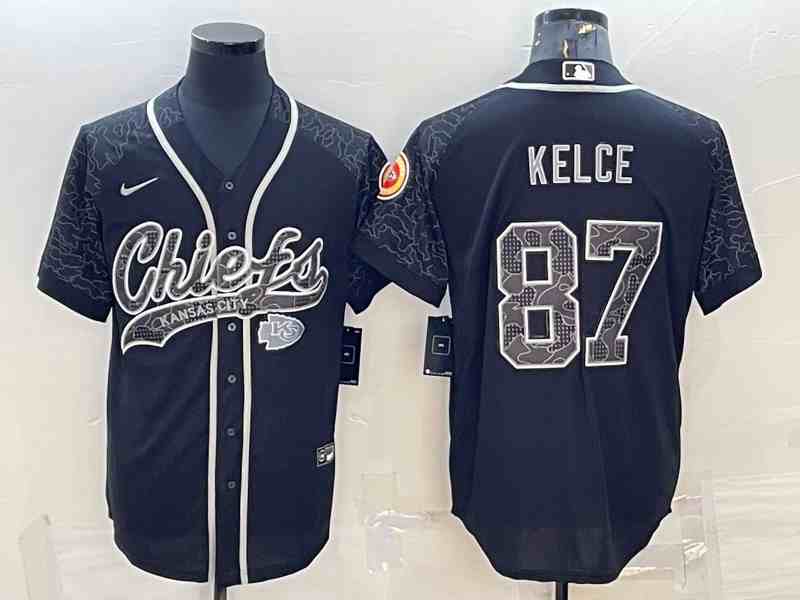 Men's Kansas City Chiefs #87 Travis Kelce Black Reflective With Patch Cool Base Stitched Baseball Jersey
