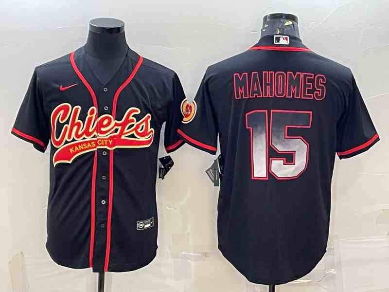Men's Kansas City Chiefs #15 Patrick Mahomes Black Gold With Patch Smoke Cool Base Stitched Baseball Jersey