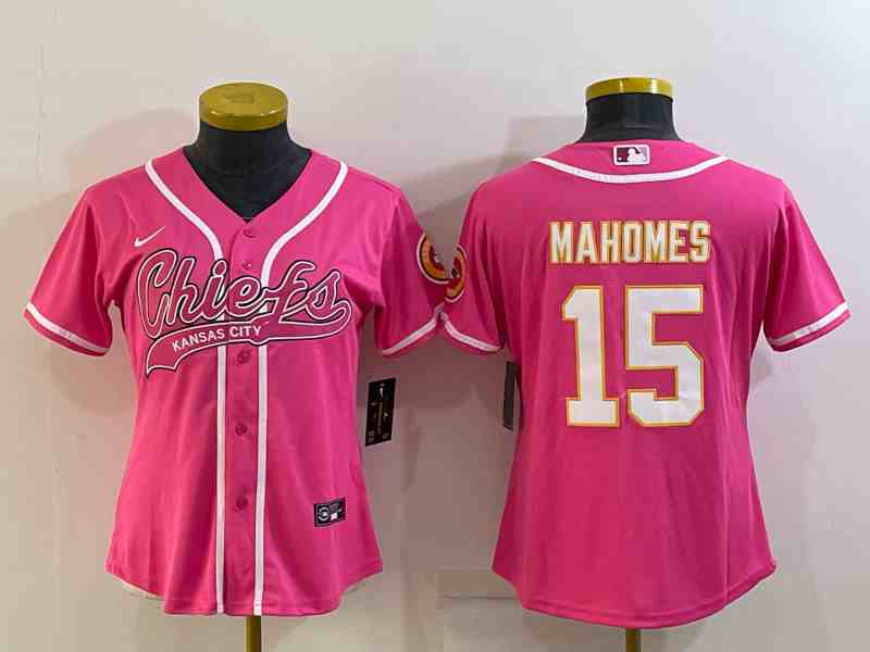 Women's Kansas City Chiefs #15 Patrick Mahomes Pink With Patch Cool Base Stitched Baseball Jersey 2