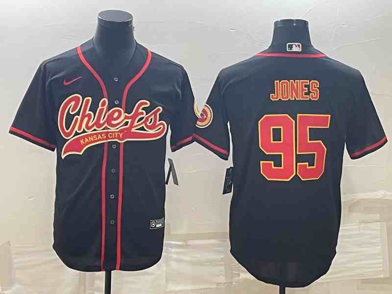 Men's Kansas City Chiefs #95 Chris Jones Black With Patch Cool Base Stitched Baseball Jersey (2)