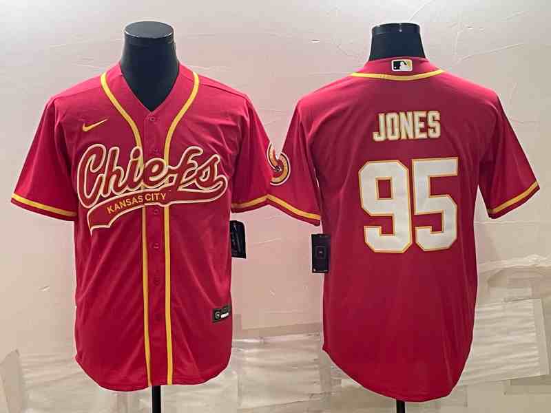 Men's Kansas City Chiefs #95 Chris Jones Red With Patch Cool Base Stitched Baseball Jersey (2)