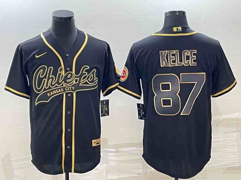 Men's Kansas City Chiefs #87 Travis Kelce Black Gold With Patch Cool Base Stitched Baseball Jersey
