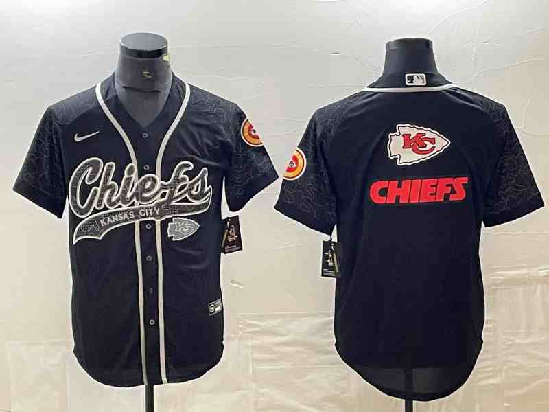 Men's Kansas City Chiefs Black Reflective Team Big Logo With Patch Cool Base Stitched Baseball Jersey (2)