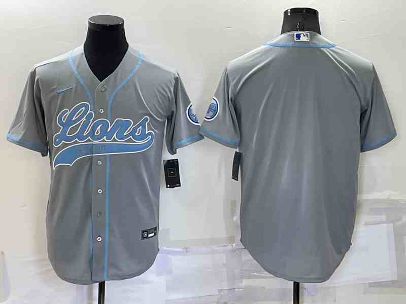 Men's Detroit Lions Gray  With Patch Cool Base Stitched Baseball Jersey