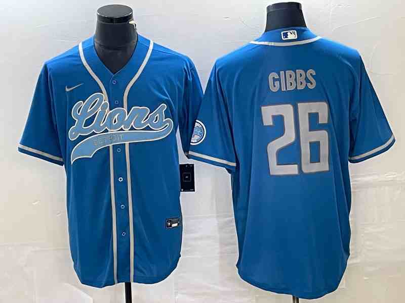 Men's Detroit Lions #26 Jahmyr Gibbs Blue Cool Base Stitched Baseball Jersey