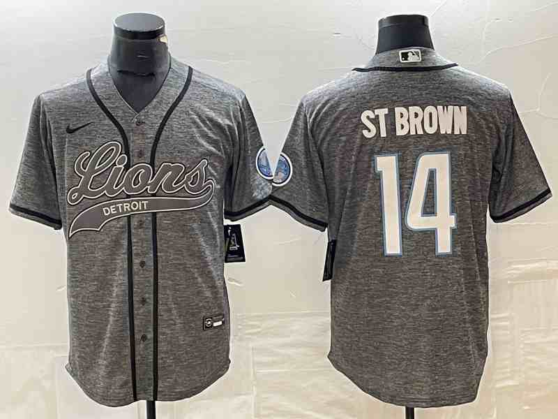 Men's Detroit Lions #14 Amon-Ra St. Brown Gray Cool Base Stitched Baseball Jersey (2)