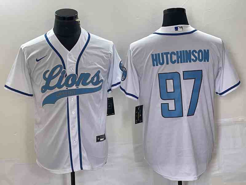 Men's Detroit Lions #97  Aidan HutchinsonWhite Cool Base Stitched Baseball Jersey