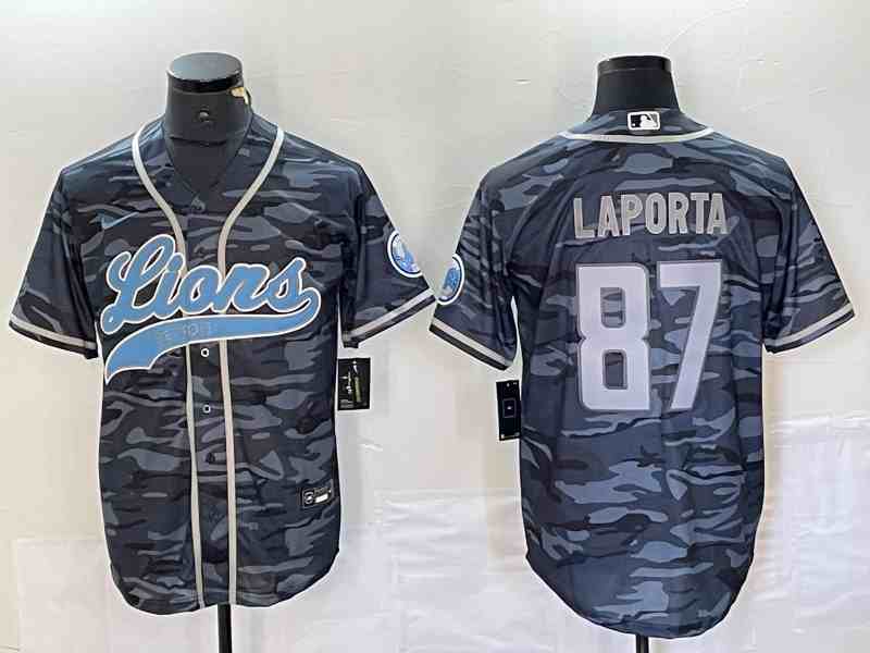 Men's Detroit Lions #87 Sam LaPorta Grey Camo Cool Base Stitched Baseball Jersey