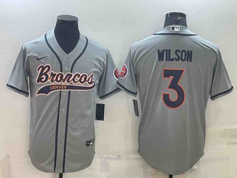 Men's Denver Broncos #3 Russell Wilson Gray With Patch Cool Base Stitched Baseball Jersey