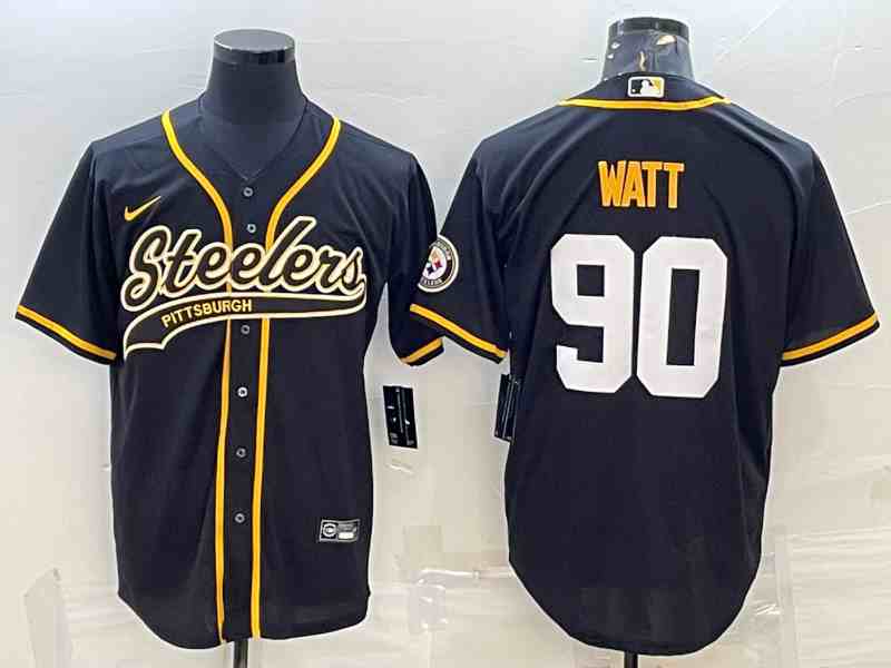 Men's Pittsburgh Steelers #90 T.J. Watt Black With Patch Cool Base Stitched Baseball Jersey (2)