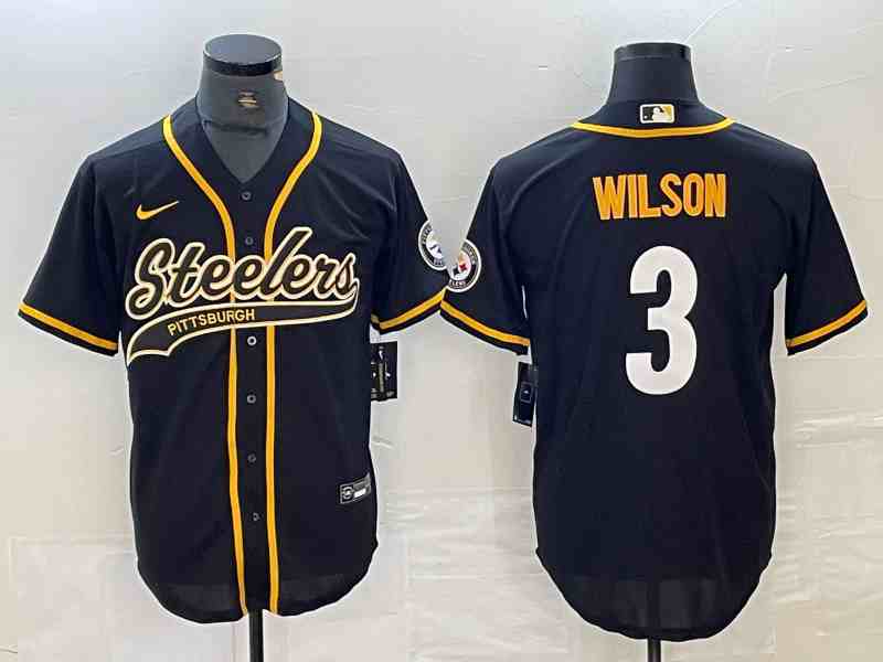 Men's Pittsburgh Steelers #3 Russell Wilson Black With Patch Cool Base Stitched Baseball Jersey (2)