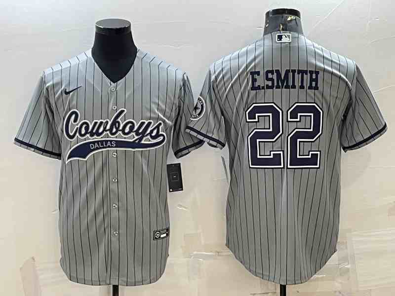 Men's Dallas Cowboys #22 Emmitt Smith Grey Stripe With Patch Cool Base Stitched Baseball Jersey