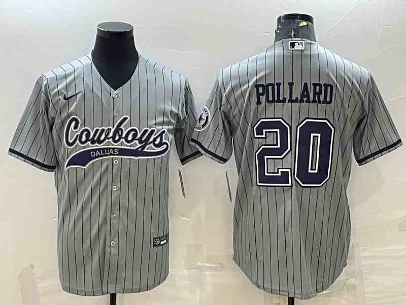 Men's Dallas Cowboys #20 Tony Pollard Gray stripe With Patch Cool Base Stitched Baseball Jersey