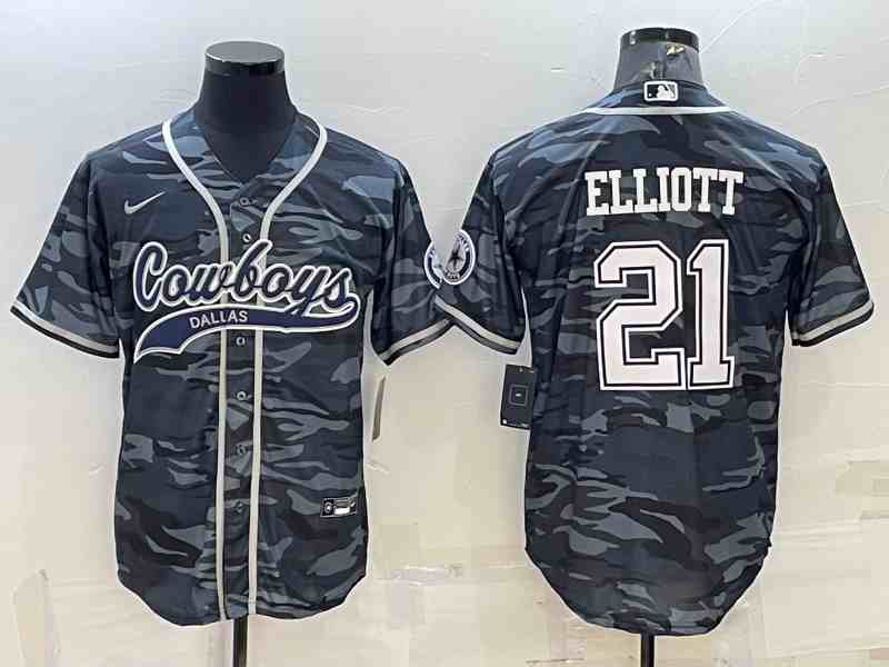 Men's Dallas Cowboys #21 Ezekiel Elliott Grey Camo With Patch Cool Base Stitched Baseball Jersey