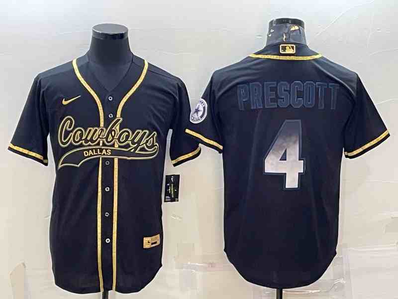 Men's Dallas Cowboys #4 Dak Prescott Black Gold With Patch Cool Base Stitched Baseball Jersey